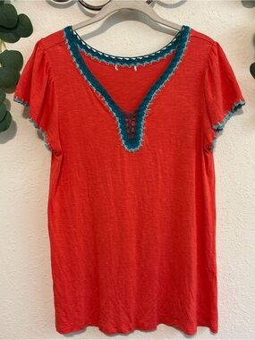 Boho Coral Orange and Teal Crochet Trim Top✨